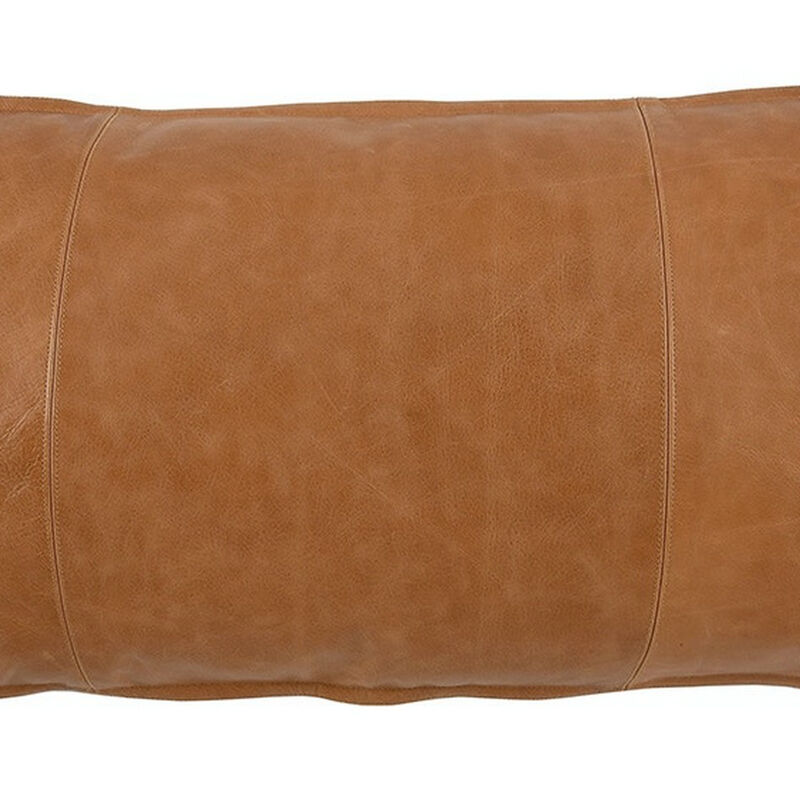 Rectangular Leatherette Throw Pillow with Stitched Details, Large, Brown - Benzara