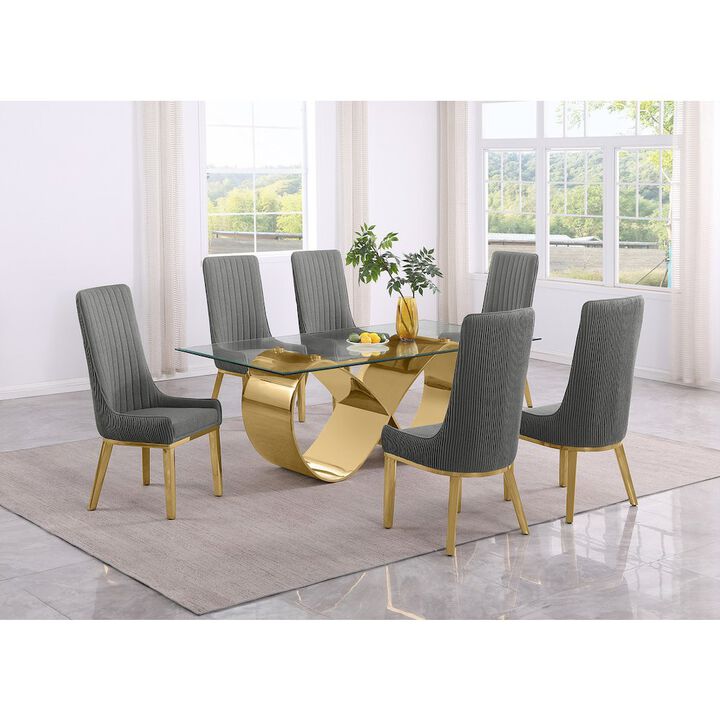Best Quality Furniture 7Pc Tempered Glass Dining Set 6 Rich Gray Boucle Side Chairs And A Gold Base