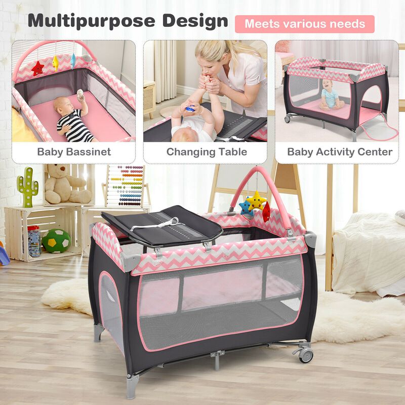 3-in-1 Portable Baby Playard with Zippered Door and Toy Bar - Pink