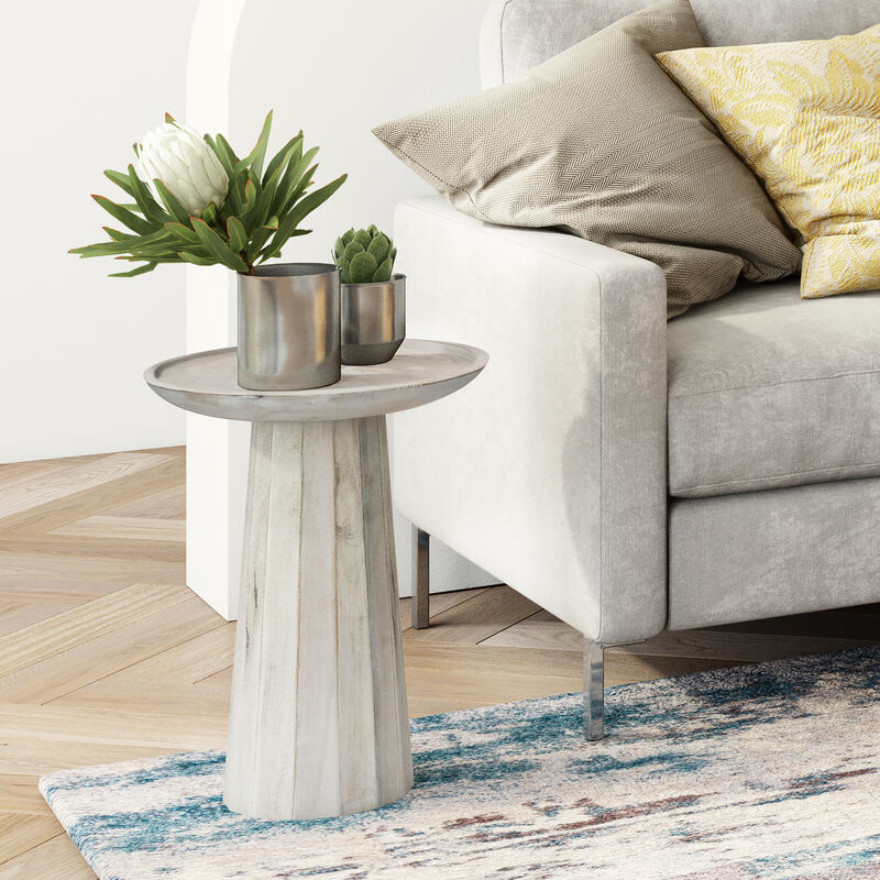 Dayton SOLID MANGO WOOD 13 inch Wide Round Contemporary Wooden Accent Table in White Wash , Fully Assembled