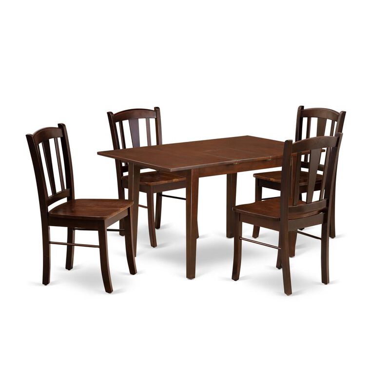 NFDL5-MAH-W - 5-Pc Dining Room Table Set- 4 Kitchen Chair with Wooden Seat and Slatted Chair Back - Butterfly Leaf Dining Table - Mahogany Finish