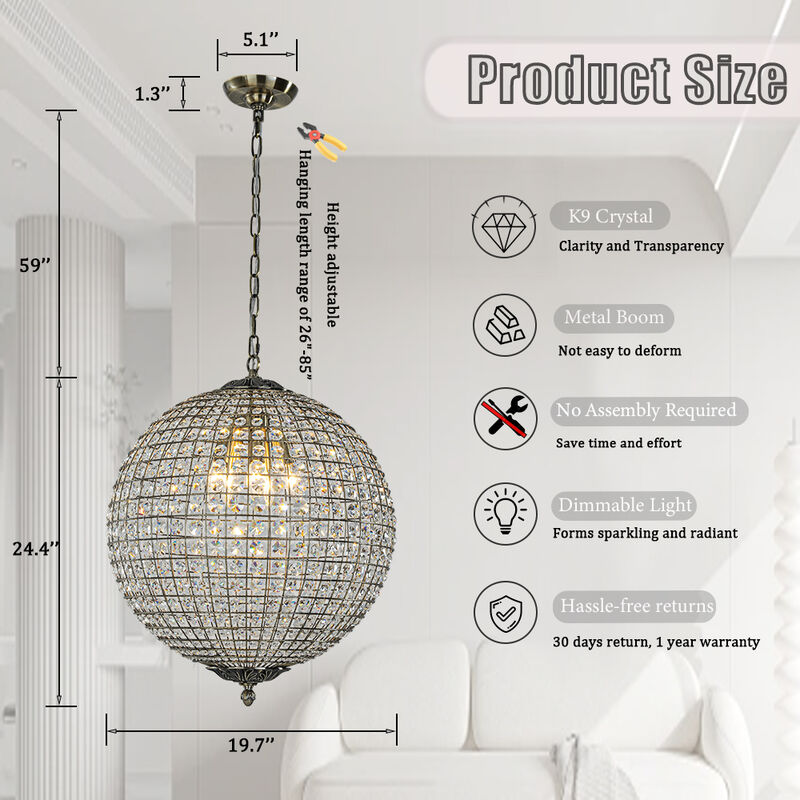 5 Lights W20 in Vintage Crystal Chandelier with Sphere Globle Shade in Antique Gold Retro Pendant Light for Dining Room Living Room image number 6