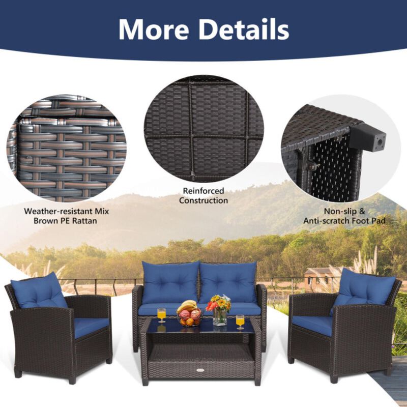 Hivvago 4 Pieces Patio Rattan Furniture Set with Tempered Glass Coffee Table