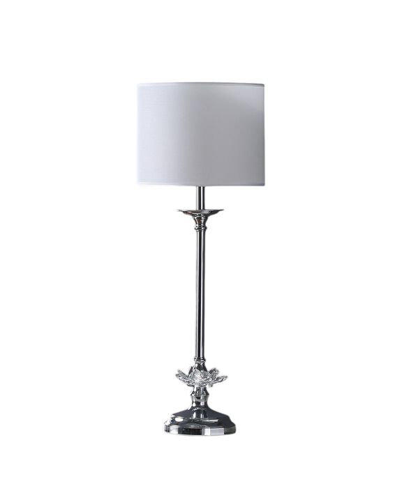 HomeRoots 26" Silver Metal And Faux Crystal Table Lamp With White Cylinder Shade