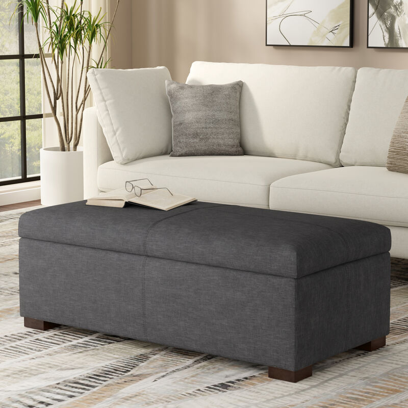 Gabbie 48 inch Wide Contemporary Rectangle Rectangular Storage Ottoman in Slate Grey Polyester Linen, Assembled
