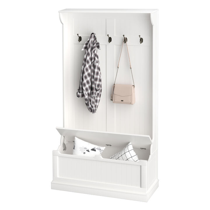 HOMCOM 38" 3-In-1 Entryway Hall Tree with Storage Bench, Coat Rack with Four Hooks and Shoe Storage, White