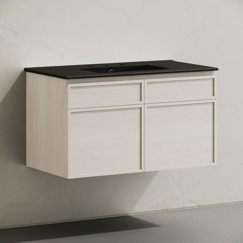 36" Wall-Mounted Bathroom Vanity in White Oak, Black 3-Hole Widespread Sink Top image number 1