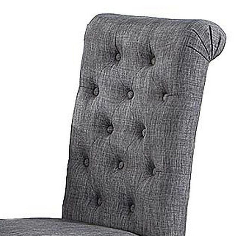Jie 25 Inch Dining Chairs, Set of 2, Tufted Gray Upholstery, Rolled Top, Black Wood