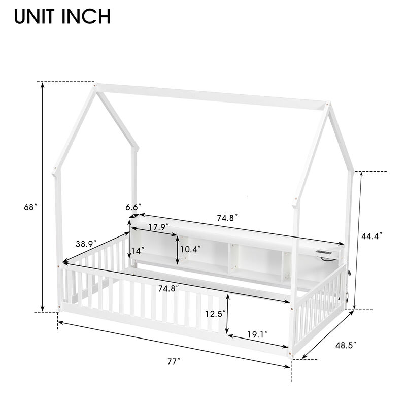 Whisen Twin Size House Floor Bed with Storage Shelves, LED Lights & Charging Station, Pine Wood Kids Platform Bed with Guardrails image number 9
