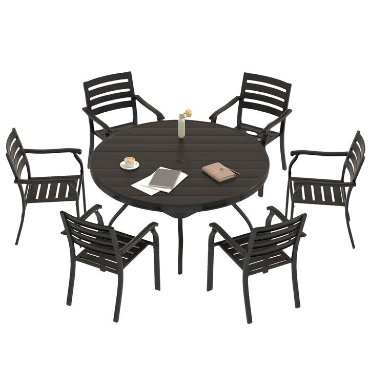 7 Pieces Outdoor Patio Dining Set, 6 Stackable Metal Dining Chairs and 52.95" Round Metal Dining Table