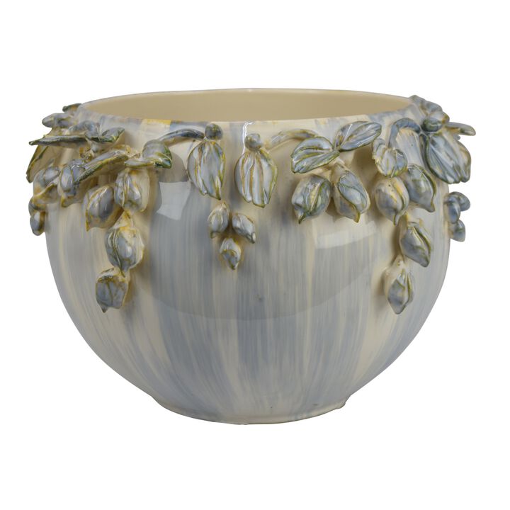 Decorative Bowl Planter, White Ceramic with Floral Garland Rim, 12 Inch