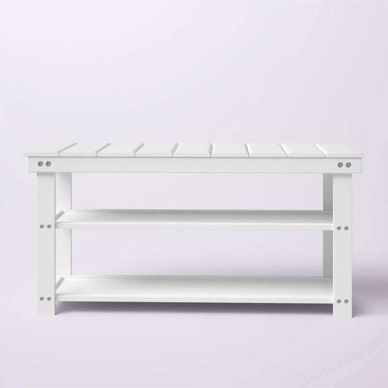 QuikFurn White Slatted Wood 2-Shelf Shoe Rack Storage Bench For Entryway or Closet