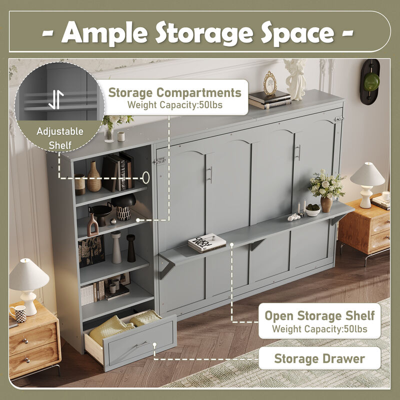 Merax Queen Size Murphy Bed with Height Adjustable Storage Compartments and Shelf