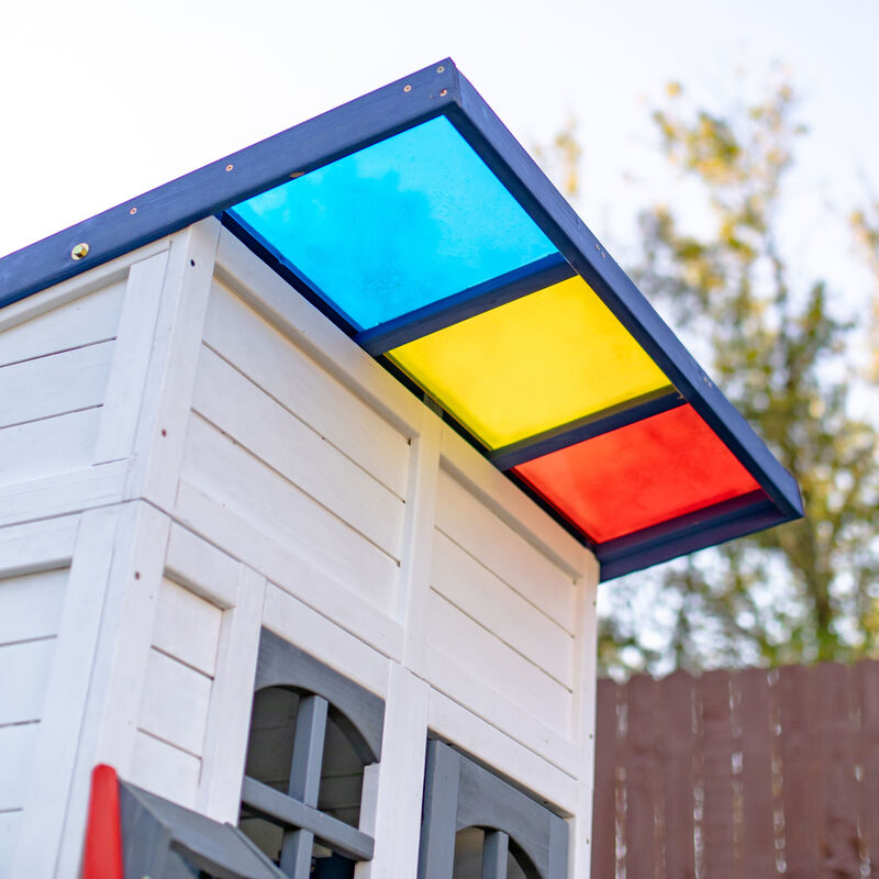 Teamson Kids Rainbow Shade Wooden Playhouse with Colorful Overhang, Flower Box and Bench, White image number 5