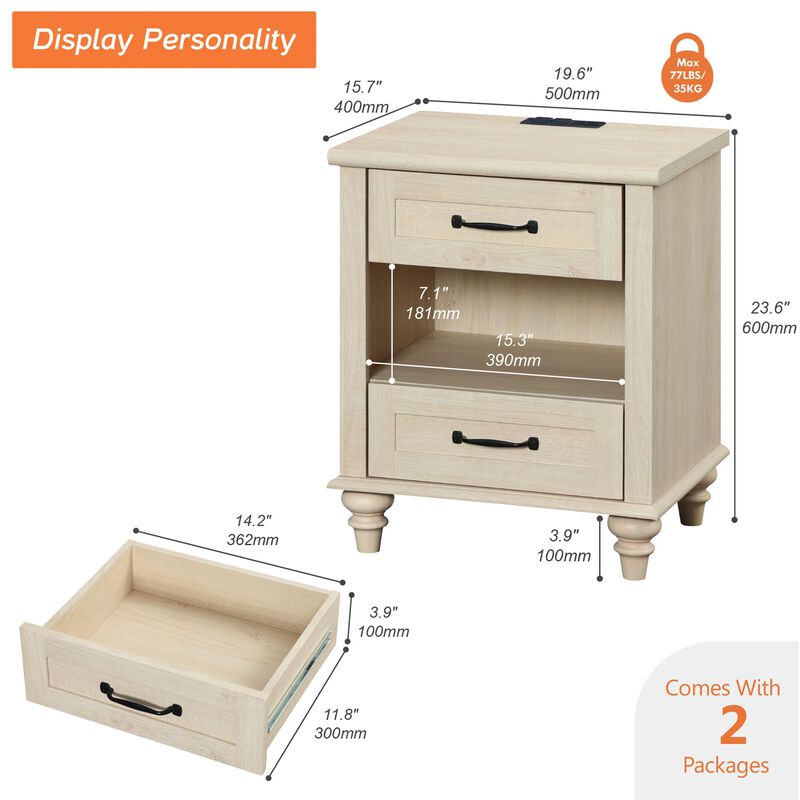 WAMPAT Set of 2 End Tables with Charging Station, Rustic Nightstand for Bedroom with 2 Drawers & Open Shelf, 2 Pack Wooden End T