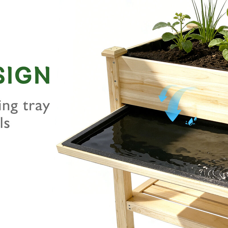 WOW PIONEER Elevated Solid Wood Raised Garden Bed with Water Collection Tray, Storage Shelf, Protective Liner image number 5