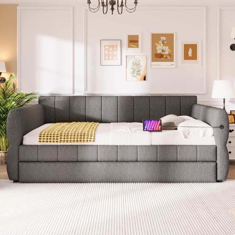 Merax Queen Size Gray Lambswool Upholstered Daybed with USB Charging image number 2