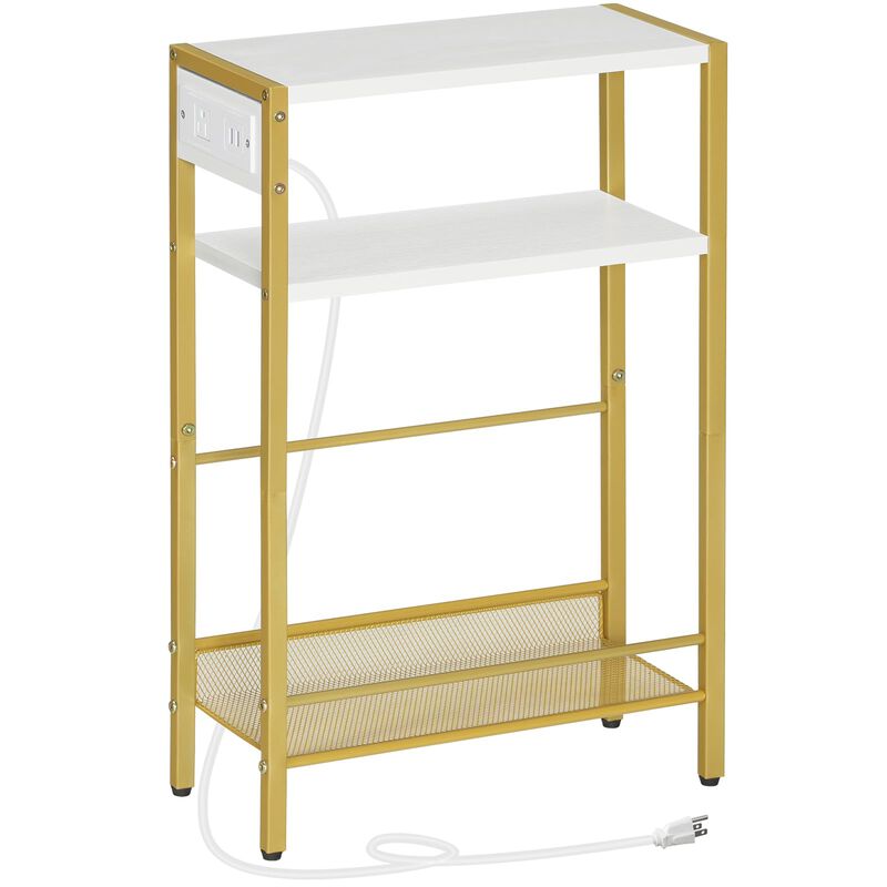 HOOBRO Small Narrow Side Table with Charging Station, Skinny End Table for Small Spaces, Slim Nightstand with USB Ports Outlet,