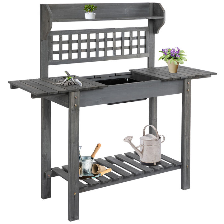 Outsunny Outdoor Potting Bench Table, Wooden Workstation with Sliding Tabletop, Storage Shelf and Dry Sink, for Greenhouse, Garden, Patio, Gray