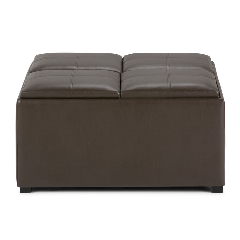 Avalon 35 inch Wide Contemporary Square Coffee Table Storage Ottoman in Chocolate Brown Vegan Faux Leather, Assembled