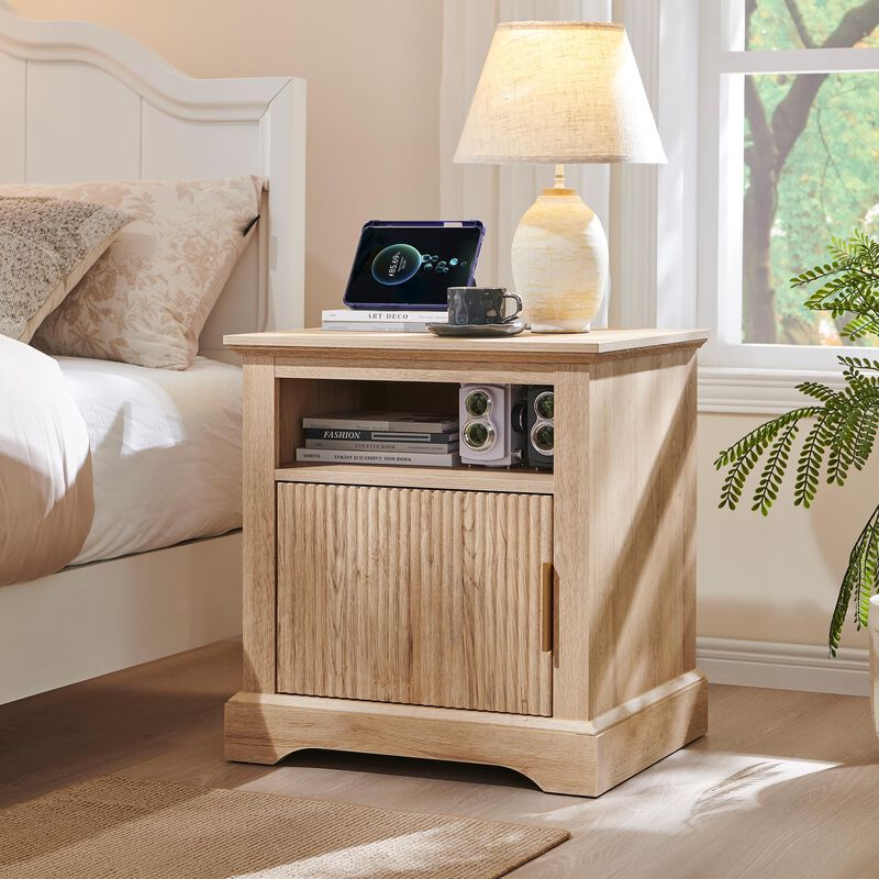 Fluted Wood Nightstand with USB & AC Charging, 22" Wide Side Table, Open Shelf
