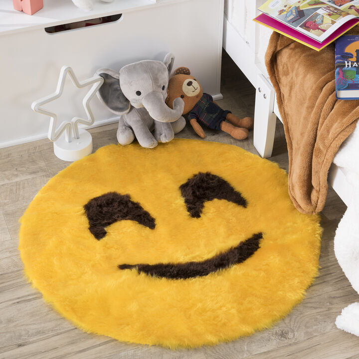 Walk on Me Emoji Faux Fur Soft and Cute 26 in. Smiley Area Rug in France