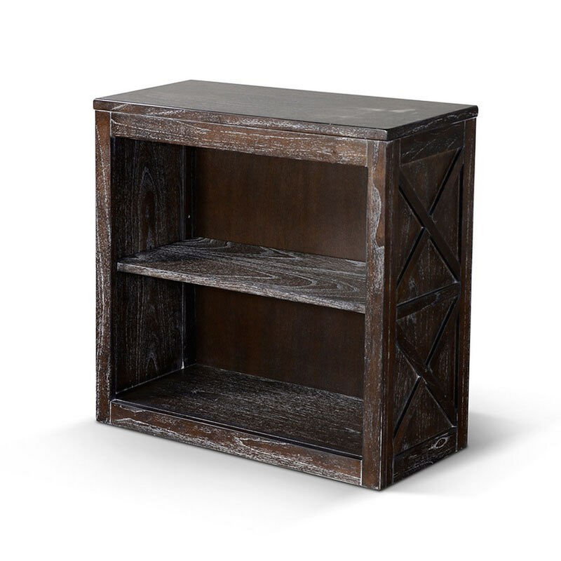 Sofi Small Bookcase, X Cross Panels, 2 Shelves, Dark Brown Veneer - Benzara