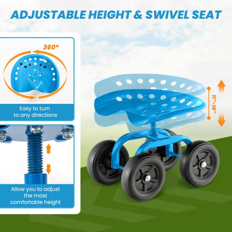 Hivvago Garden Rolling Workseat with 360&deg; Swivel Seat and Adjustable Height