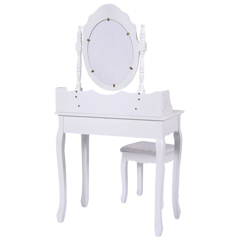 Vanity Table Set with Cushioned Stool with 360° Rotating Oval Mirror and Three Drawers