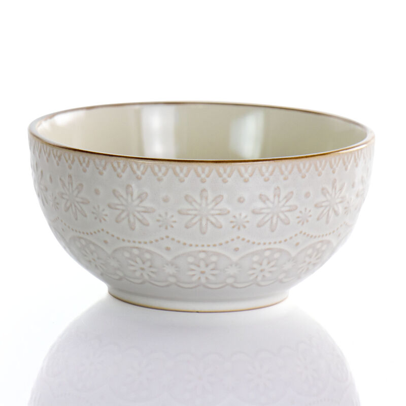 Elama Contessa 16 Piece Embossed Scalloped Stoneware Dinnerware Set in Ivory