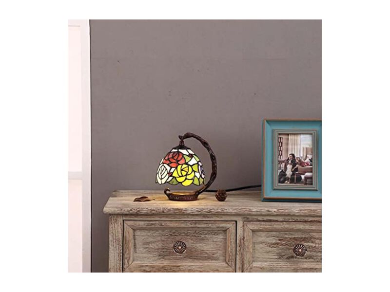 Tiffany Style Stained Glass Rose Table Lamp For Bedroom Living Room Pink image number 3