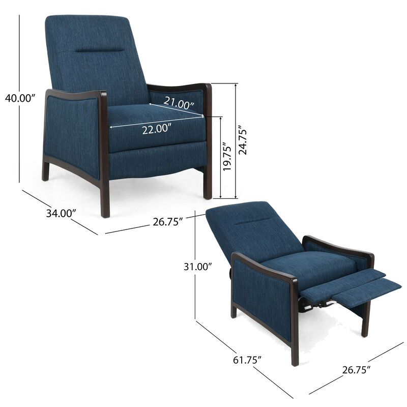 Reina Push Back Recliner Chair, Brown Birch Wood, Navy Blue Fabric - Benzara