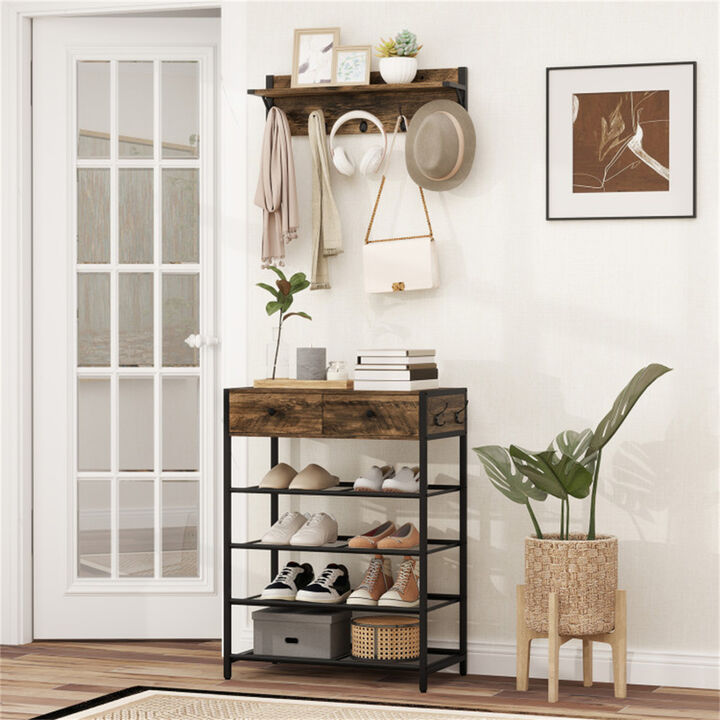 5 Hook Entryway Coat Rack with 2 Drawer Shoe Cabinet and 4 Mesh Shelves