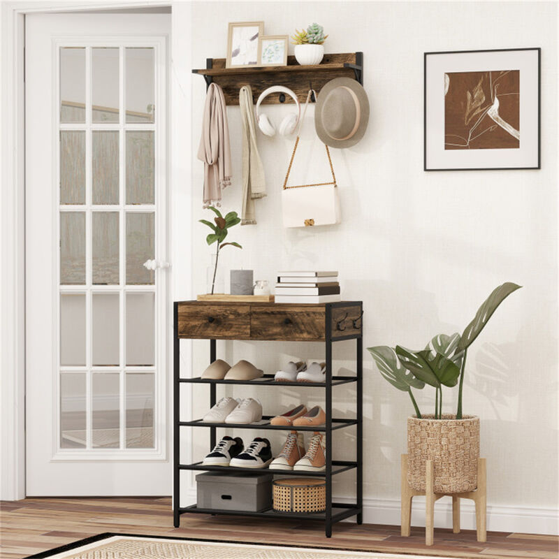 5 Hook Entryway Coat Rack with 2 Drawer Shoe Cabinet and 4 Mesh Shelves image number 1