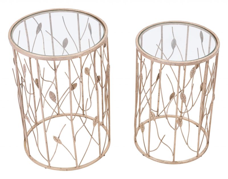 Homezia Set of Two Leaf Gold and Glass Side Tables