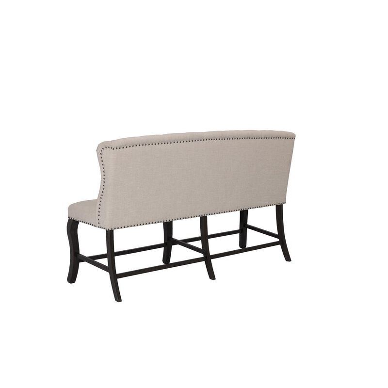 Best Quality Furniture Counter Height Upholstered Bench with Backrest, Tufted Buttons, and Nailhead Trim. Beige