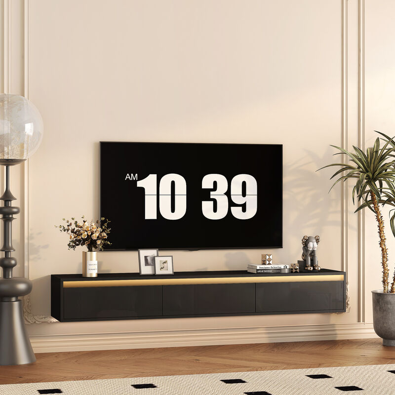 GOODSILO Floating TV Stand with LED Lights and Power Outlet, High Gloss Wall Mounted Storage Cabinet for Living Room Entertainment image number 8