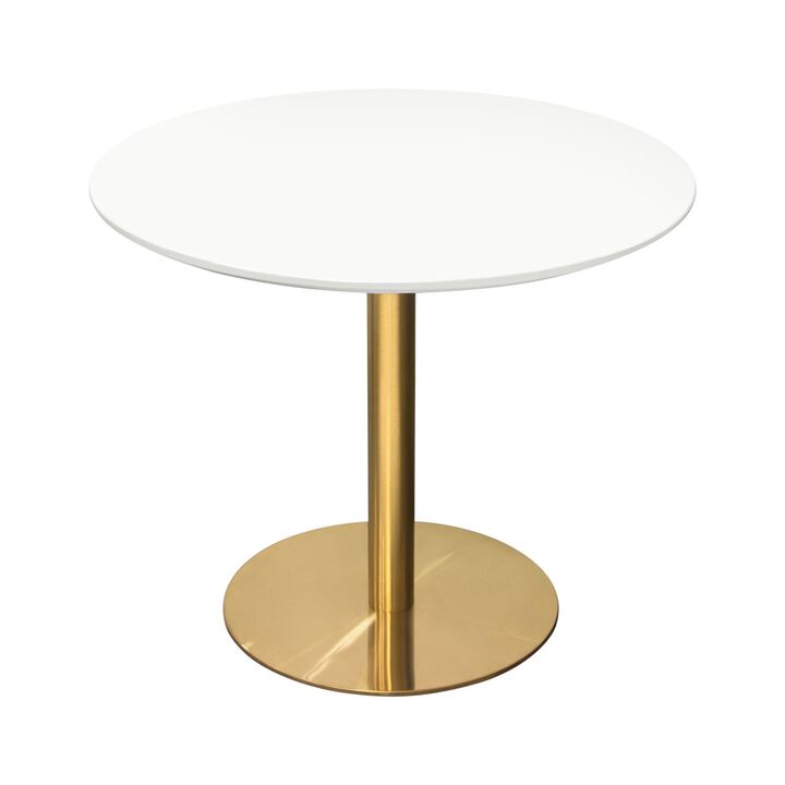 Rely Dining Table, 36 Inch Round White Lacquer Top, Gold Metal Base