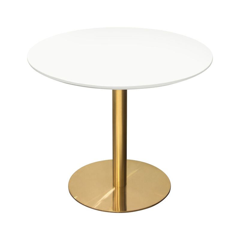 Rely Dining Table, 36 Inch Round White Lacquer Top, Gold Metal Base image number 1