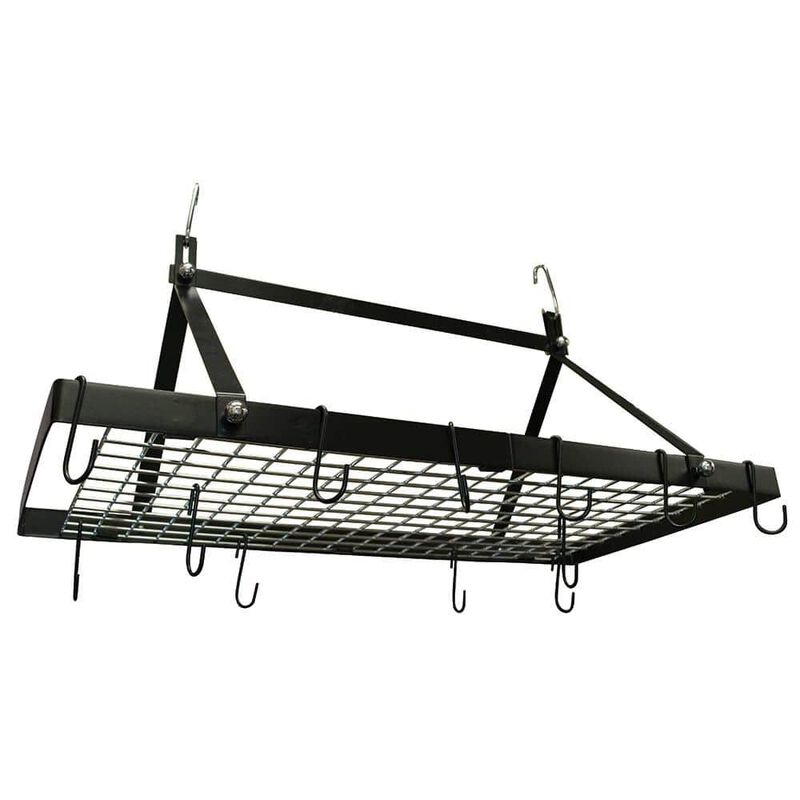 Ceiling Mounted Metal Pot Rack Rectangular Hanging Storage with 12 Hooks for Pans & Lids