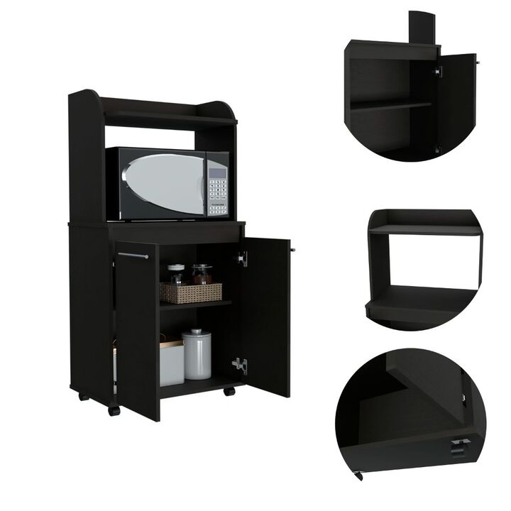 Kira Kitchen Kart, Double Door Cabinet, One Open Shelf, Two Interior Shelves -Black