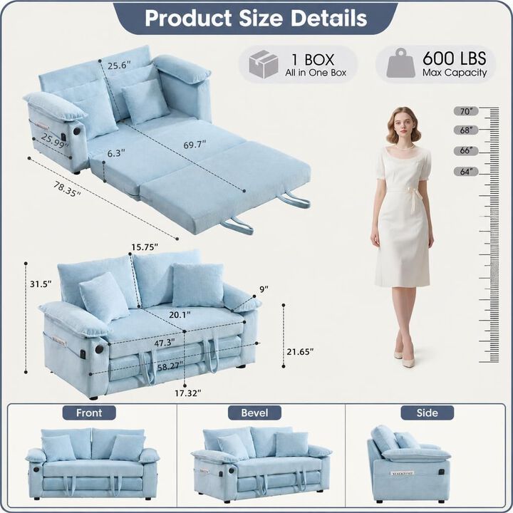 GOODSILO 3-in-1 Upholstered Convertible Futon Sofa Bed, Foldable Tufted Loveseat Pull Out Sleeper Couch with Side Pockets for Small Living Spaces