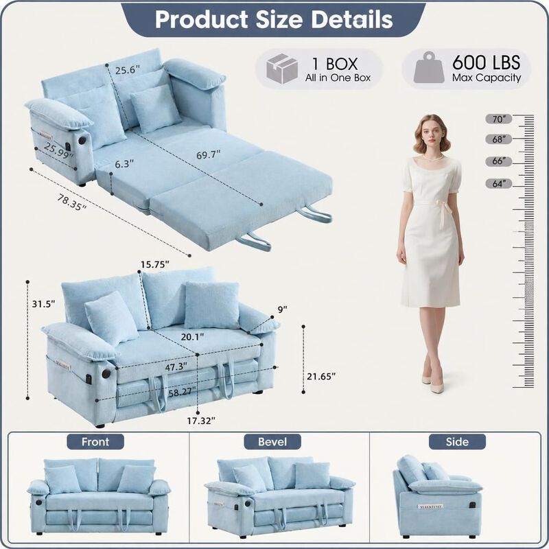 GOODSILO 3-in-1 Upholstered Convertible Futon Sofa Bed, Foldable Tufted Loveseat Pull Out Sleeper Couch with Side Pockets for Small Living Spaces image number 1