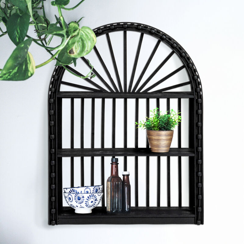 Arched Bamboo and Wood Wall Shelf, Black image number 1