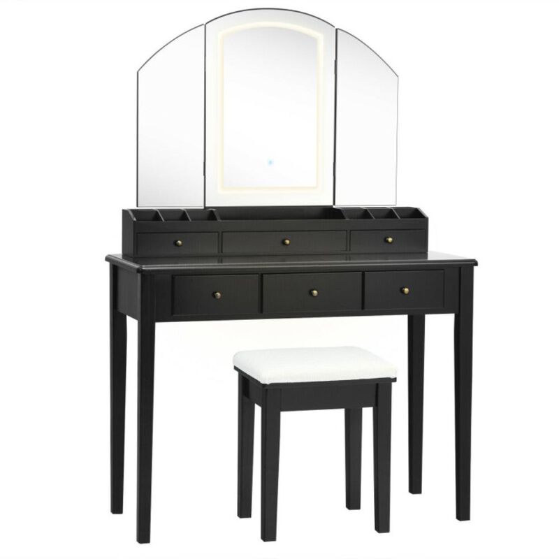 Hivvago Vanity Table Stool Set with Large Tri-folding Lighted Mirror