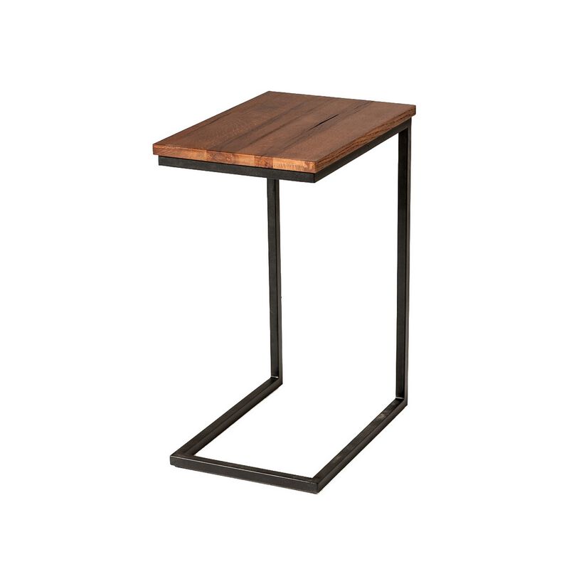 C Shaped End Table with Rectangular Wood Top, Brown and Black-Benzara