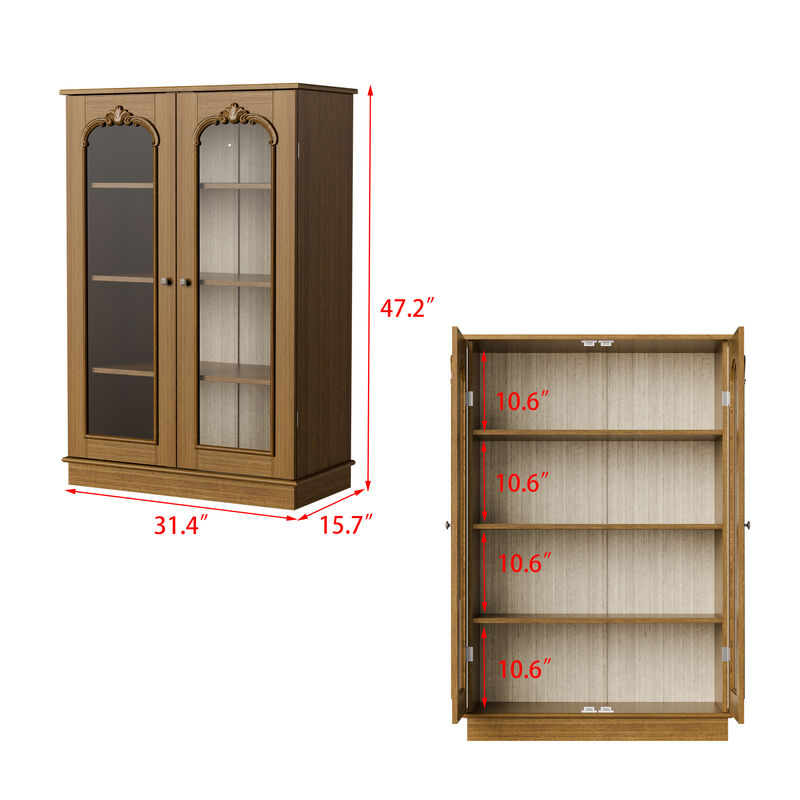 FUFU&GAGA Sideboard Diningware Cabinet, Brown Pine Wood Finish,Tempered Glass Shelves & Steel Accents, (31.5"W x 15.7"D x 47.2"H), Brown