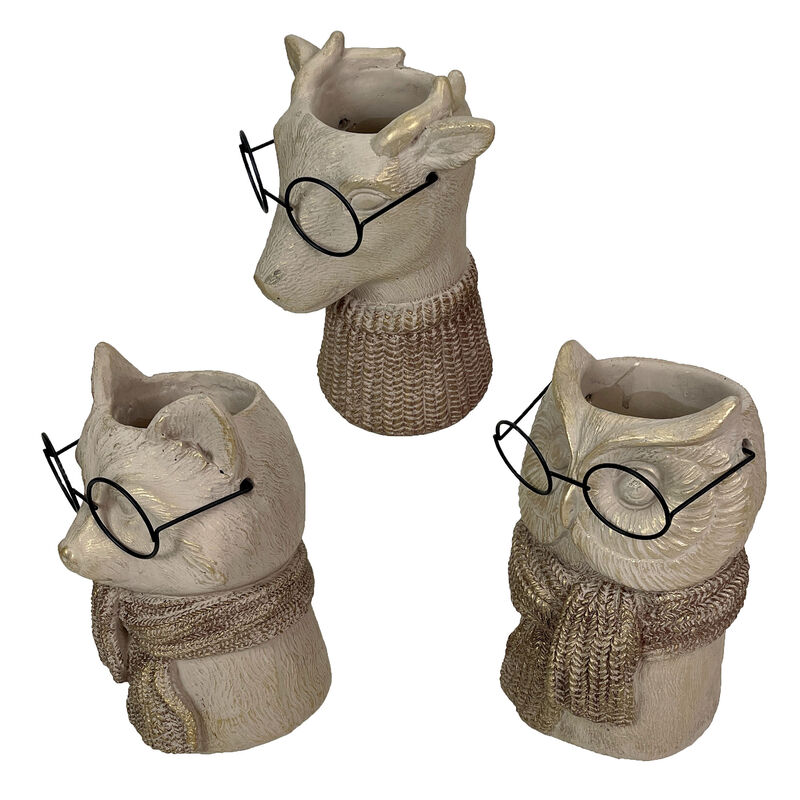 Set of 3 Bespectacled Animal Vases Fox Owl Deer Gold Accent Knit Scarves Glasses image number 2