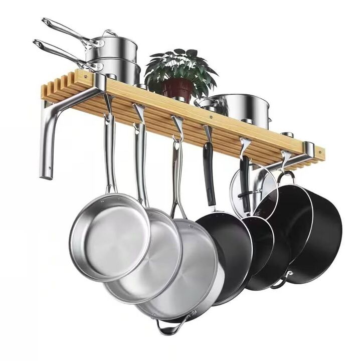 Metal & Wood Wall Pot Rack Hanging Kitchen Organizer with 6 Adjustable Swivel Hooks