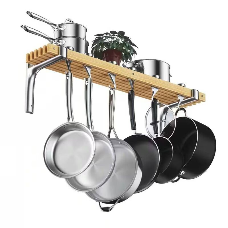 Metal & Wood Wall Pot Rack Hanging Kitchen Organizer with 6 Adjustable Swivel Hooks